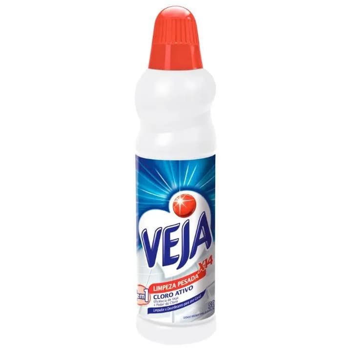 Frasco de limpador multiuso Veja Limpeza Pesada X-14, 500 ml, branco com etiqueta azul e vermelha.