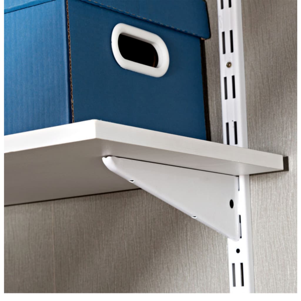 Suporte branco para prateleira com caixa azul sobre ele