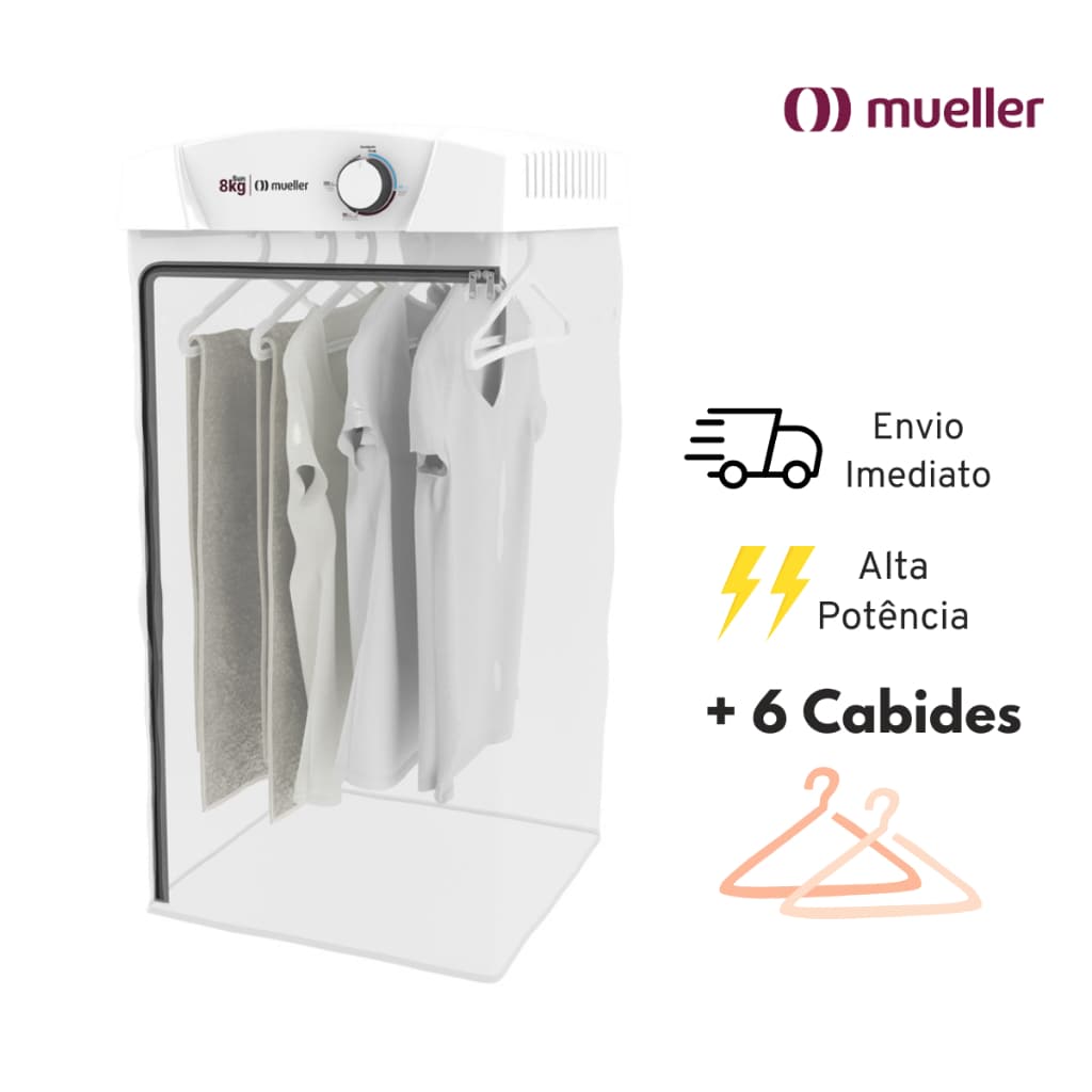 Secadora de roupas Mueller 8Kg branca com roupas penduradas, fundo branco, logotipo Mueller visível