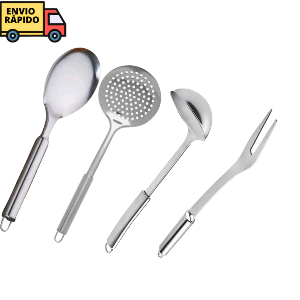 Kit de utensílios de cozinha em aço inoxidável com colher de arroz, concha de feijão, escumadeira e garfo trinchante