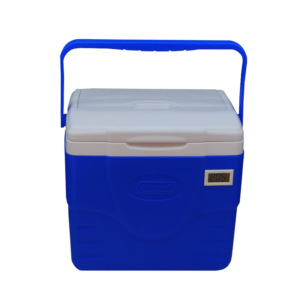 Caixa térmica azul e branca com termômetro digital, ideal para transporte de vacinas, 15 litros.