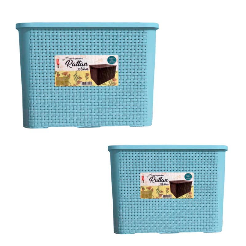 Kit 2 Caixas Organizadoras Com Tampa Rattan 25 Litros e 70 Litros Azul