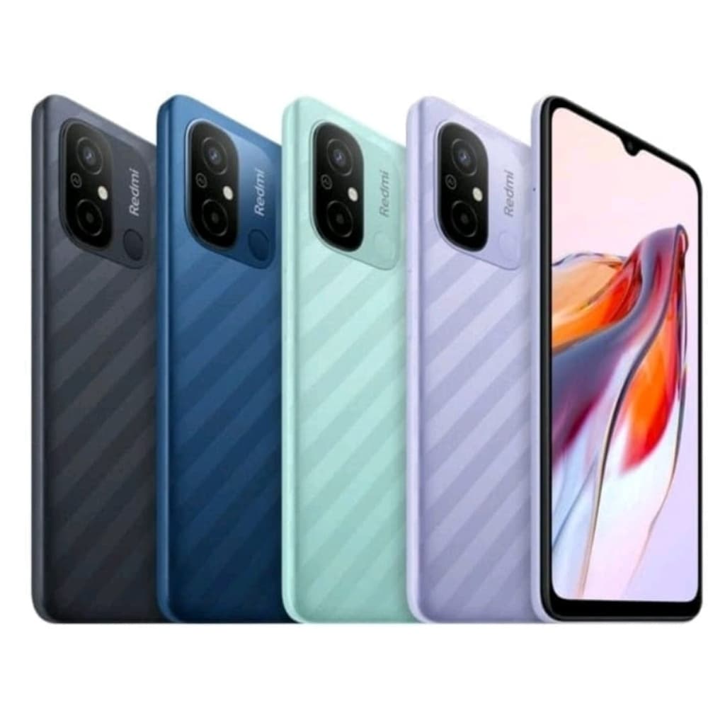 Celular Xiaomi Redmi 12C em várias cores: preto, azul, verde, rosa e cinza, mostrando texturas diferentes na parte de trás e câmera traseira com logo Redmi.
