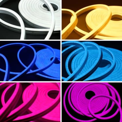 Fita LED neon mangueira em várias cores como branco, amarelo, azul, rosa e roxo para decoração de quartos e ambientes gamers.