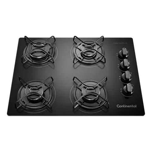 Cooktop Continental 4 bocas preto com controles de gás e logo da marca