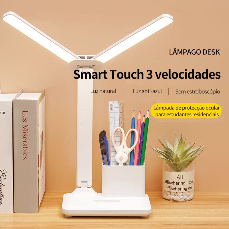 Luminária de mesa LED branca com design dobrável, três velocidades de luz, proteção ocular e base de mesa