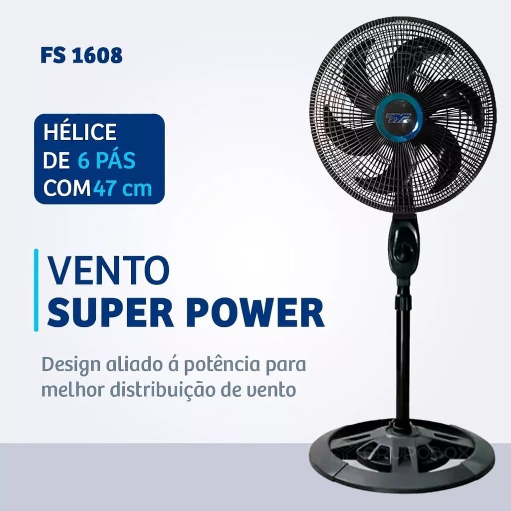 Ventilador de pé FS 1608 com 6 pás e 47 cm de diâmetro, design para melhor distribuição de vento, preto e azul