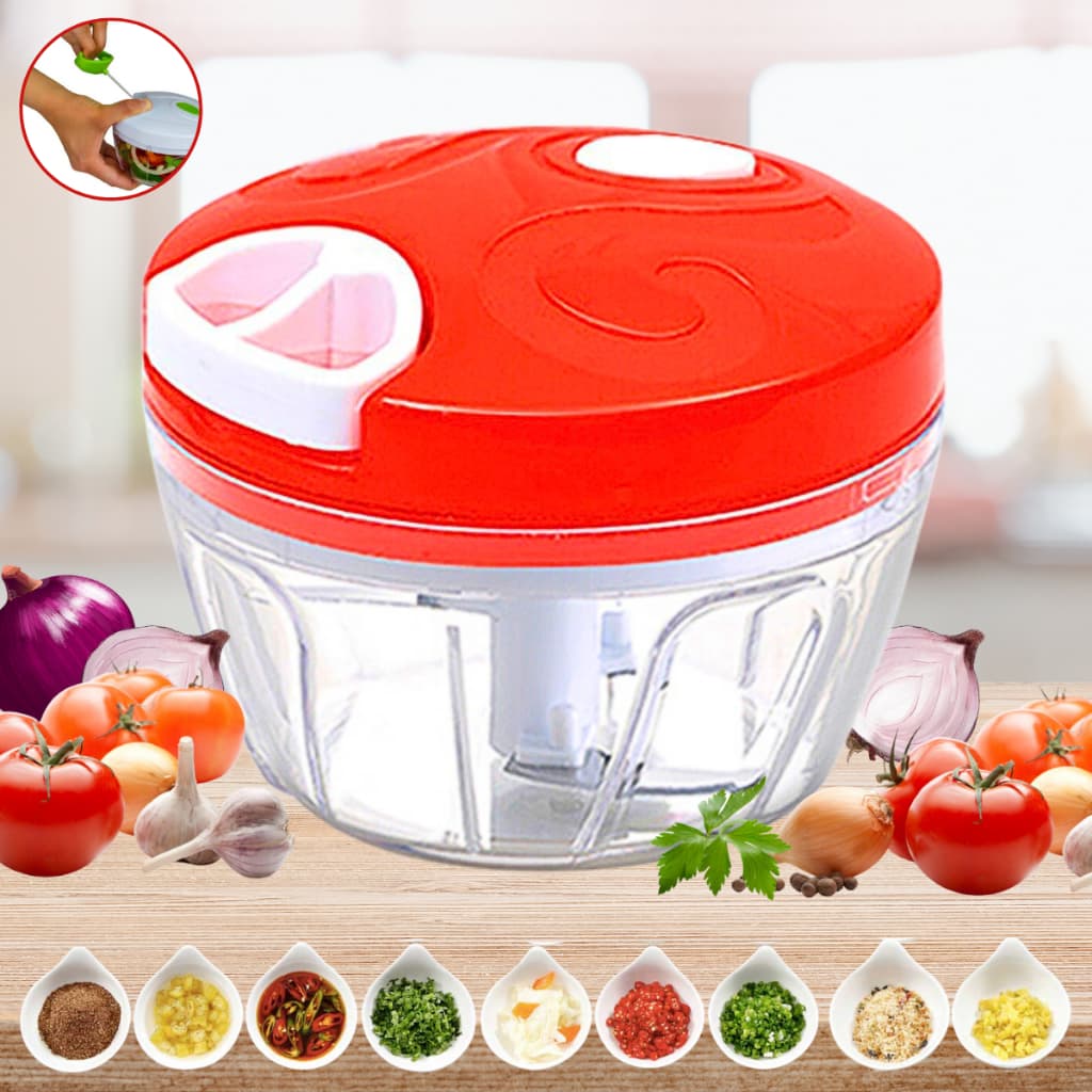 Processador manual de alimentos vermelho com três lâminas, 500ml ou 200ml, para legumes e especiarias