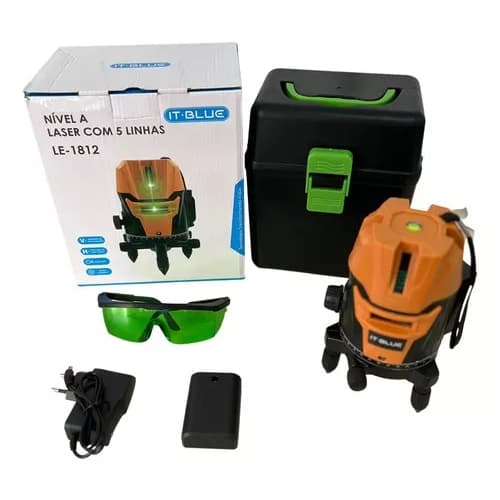 Kit Nível Laser Arita 5 Linhas Verde Recarregável LE-1812 com caixa, óculos de proteção e acessórios