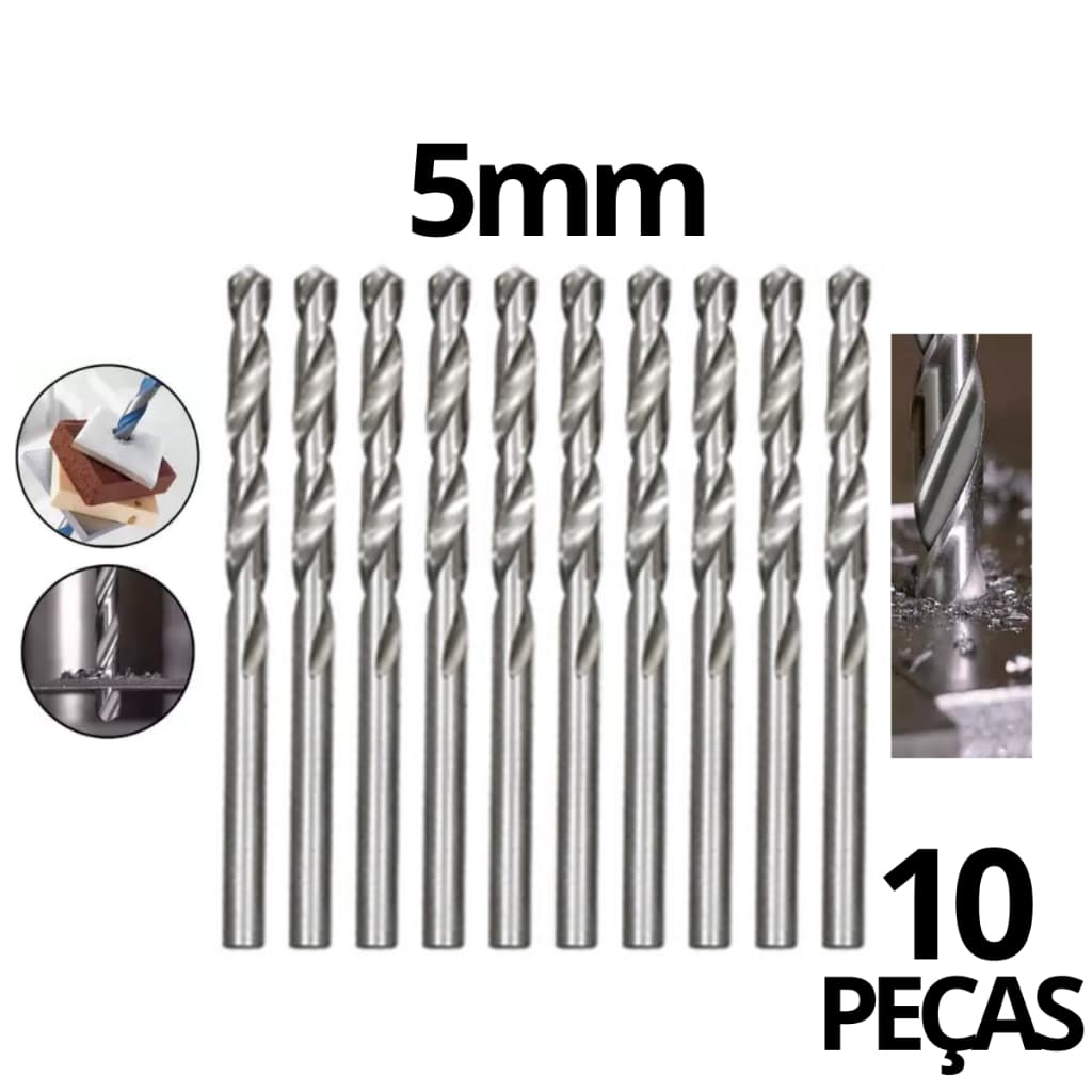 Kit 10 brocas de aço rápido HSS de 5mm para metal, prata