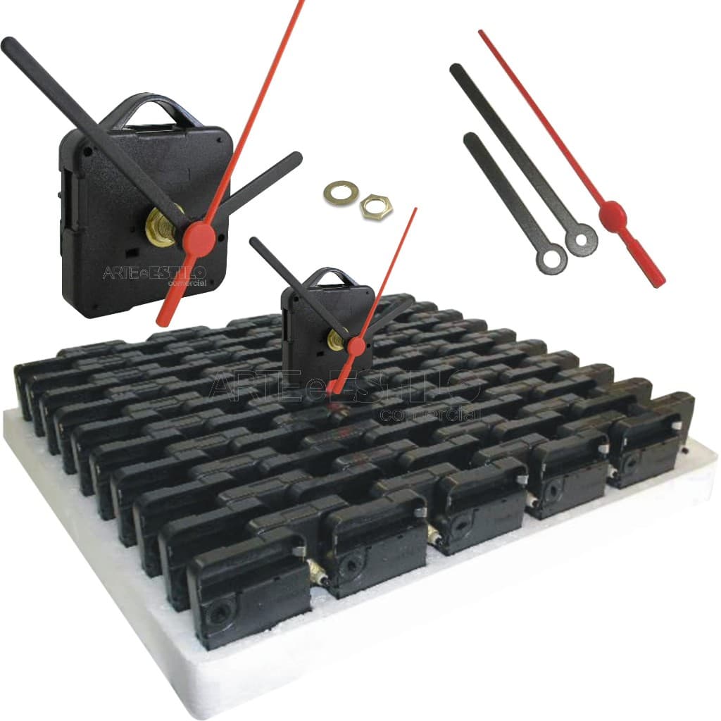 Kit de montagem de relógio com peças pretas e vermelhas sobre fundo branco