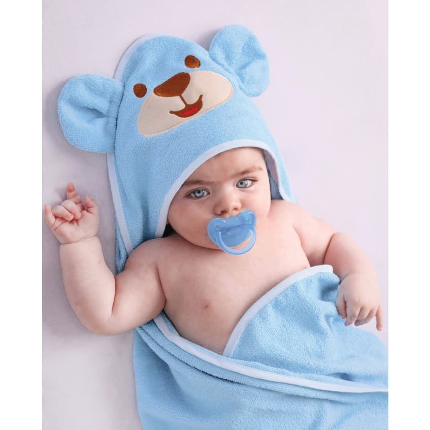 Toalha de banho infantil azul com capuz e bordado de urso para bebê