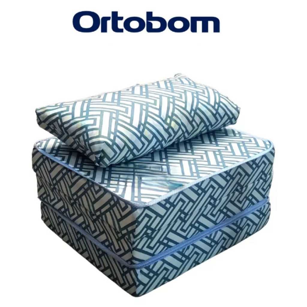 Puff multiuso colchão e travesseiro solteiro 3 em 1 Ortobom, azul e branco
