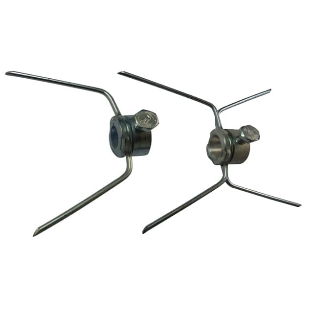 Ganchos duplos e simples para espeto, peças metálicas em forma de Y com parafusos e porcas, fundo branco