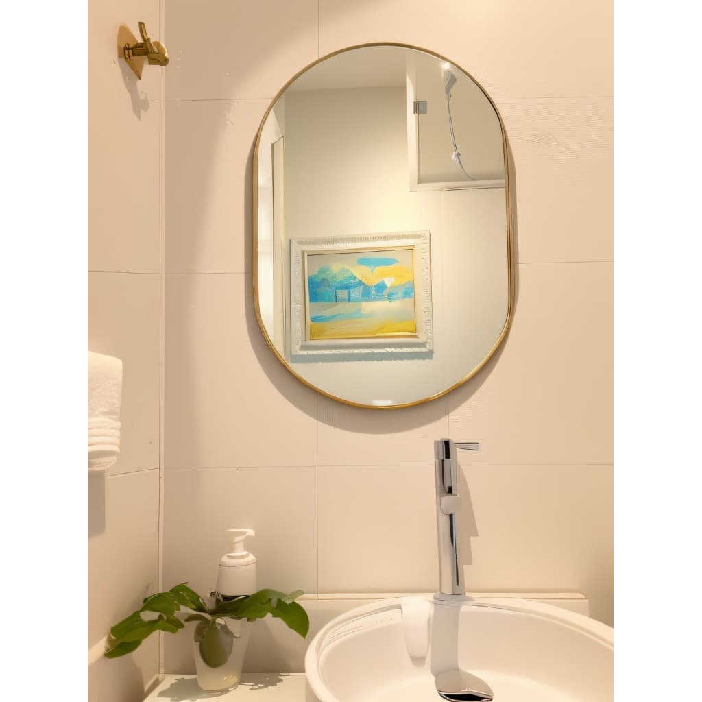 Espelho oval grande com moldura dourada ouro em banheiro com parede branca e azulejos