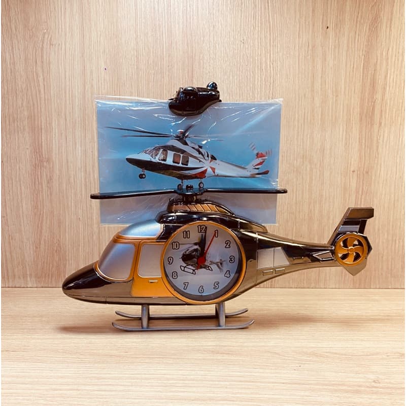 Porta retrato helicóptero com relógio, helicóptero preto e dourado com relógio cinza