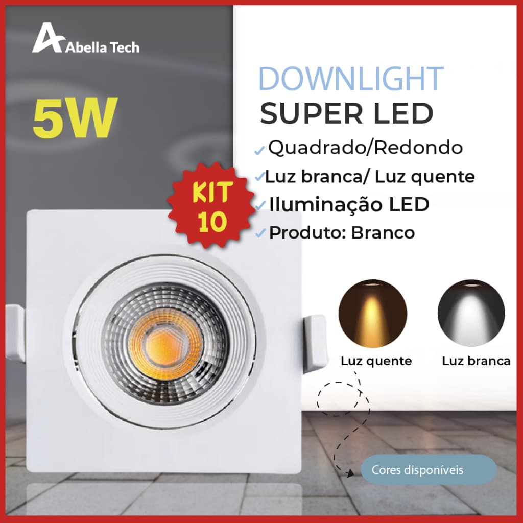 Kit 10 luminárias spot LED quadrado 5W branco quente bivolt