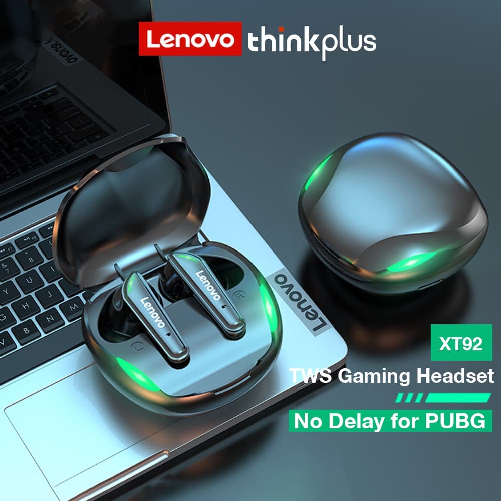 Fone de ouvido Lenovo XT92 Bluetooth 5.1 gamer com microfone em cinza e verde com LEDs