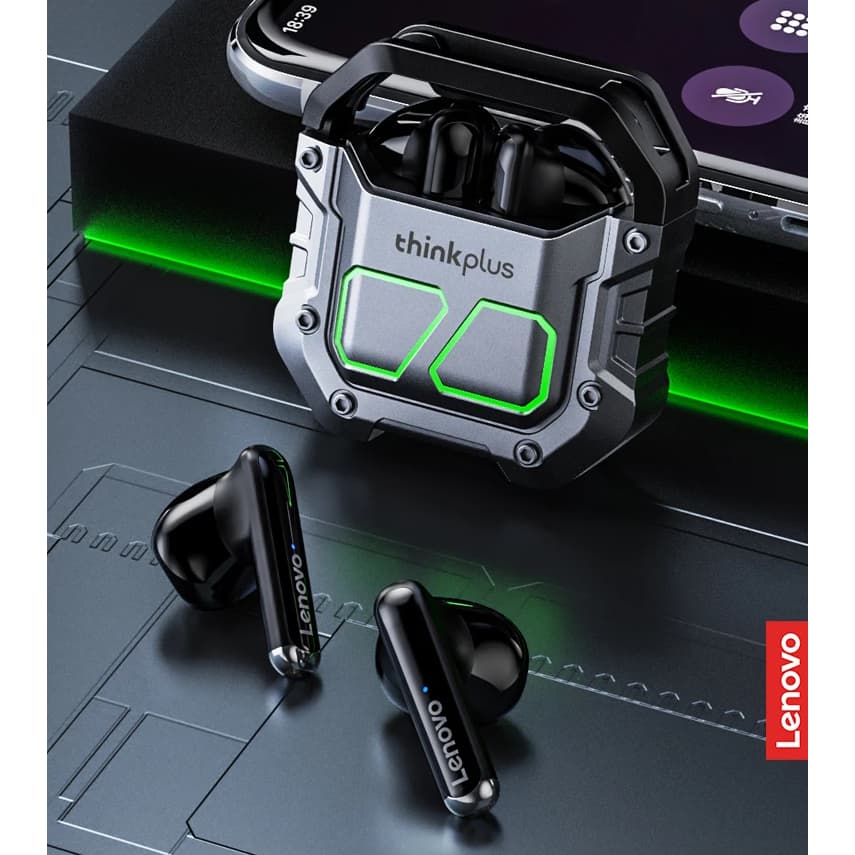 Fone de ouvido gamer Lenovo XT81 Bluetooth 5.3 com microfone, versão gamer, preto e cinza com detalhes verdes