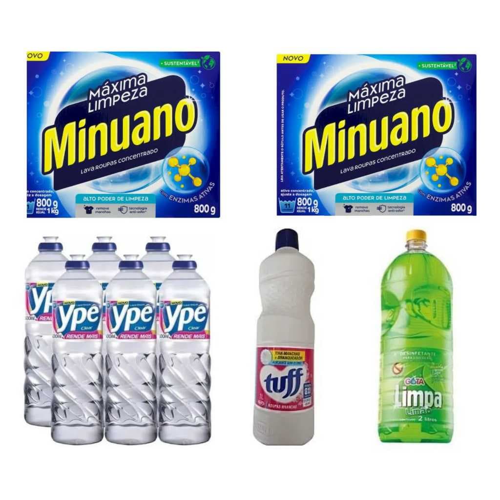 Kit limpeza pesada com 6 detergentes Ype, 2 caixas sabão em pó Minuano e desinfetante