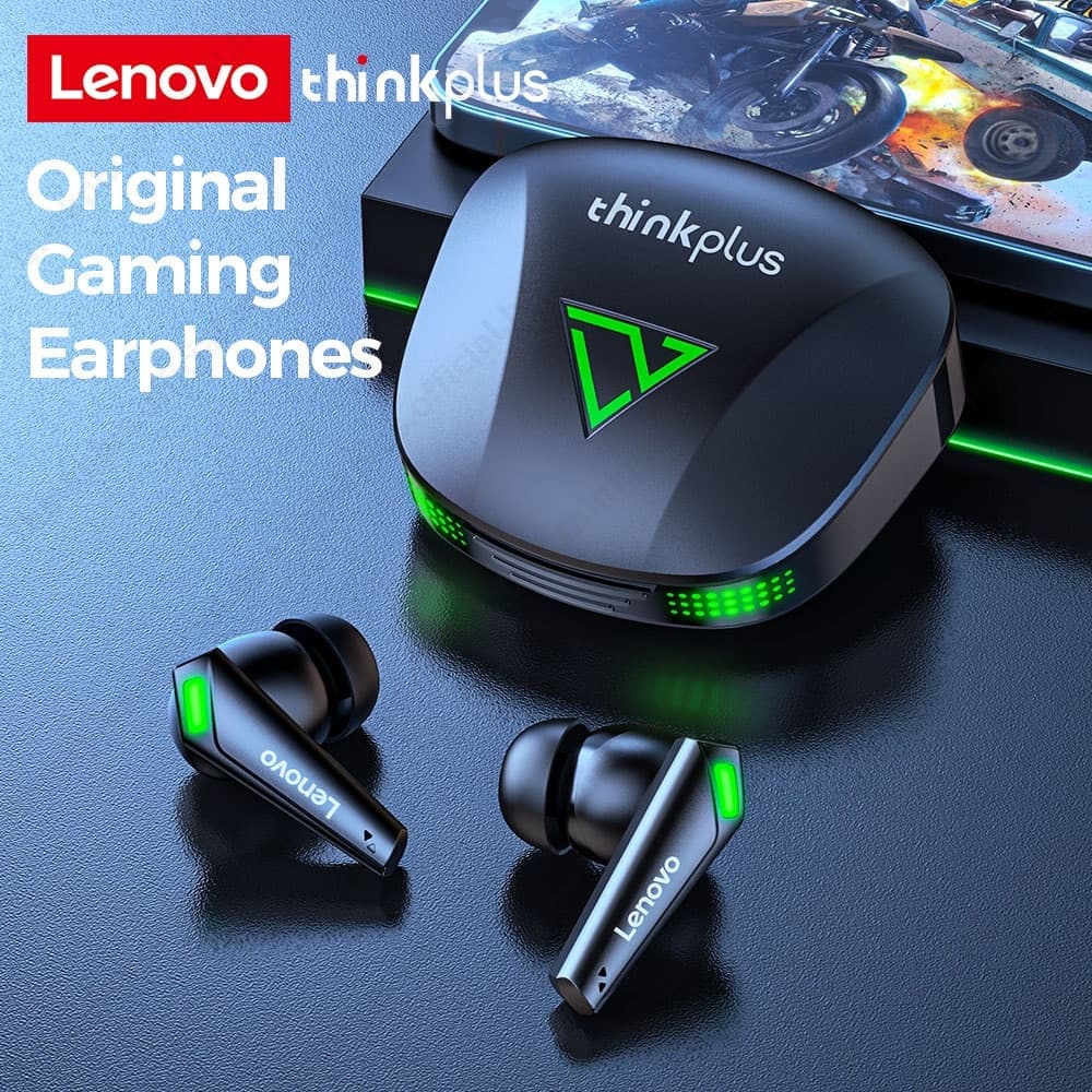 Fone de ouvido Bluetooth Thinkplus Lenovo XT85 II com estojo de carregamento, preto e verde.