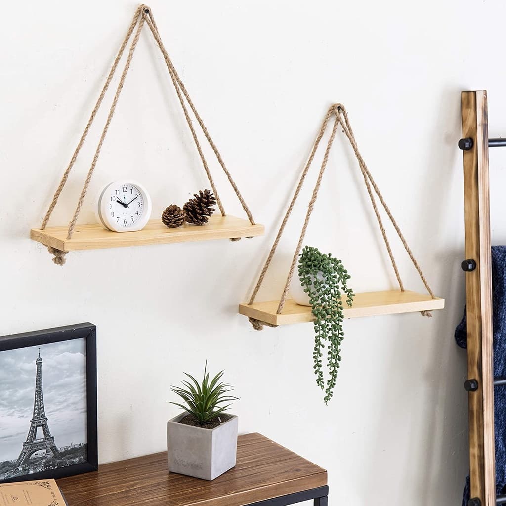 Conjunto com 2 duas prateleira em madeira suspensa com corda de feno sisal prateleira multiuso para plantas quadros objetos em geral