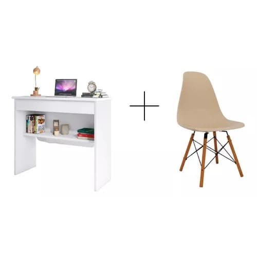 Kit mesa branca gamer com cadeira bege para sala de jogos industrial