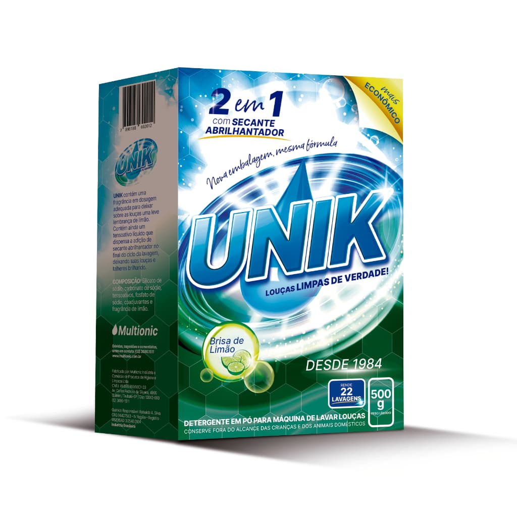 Sabão em pó Unik 500g para máquina de lavar louça, com secante e abrilhantador, 2 em 1, 22 lavagens