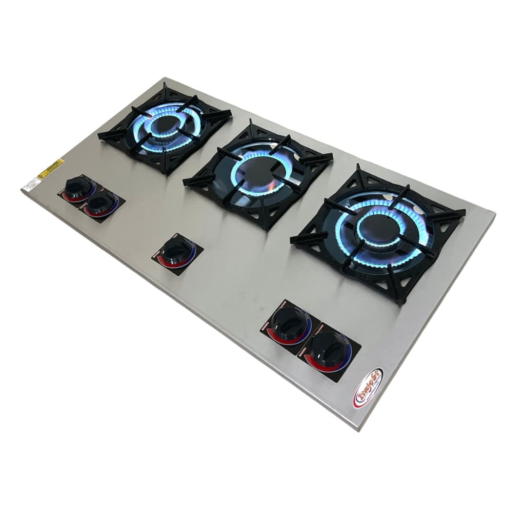 Cooktop Inox Industrial 3 Bocas Embutir 2 Duplos 1 Simples Baixa Pressão Embutir Profissional