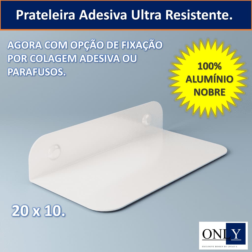 Prateleira adesiva branca em alumínio 20x10 cm, resistente e com fixação por cola ou parafusos, da marca ONIY.