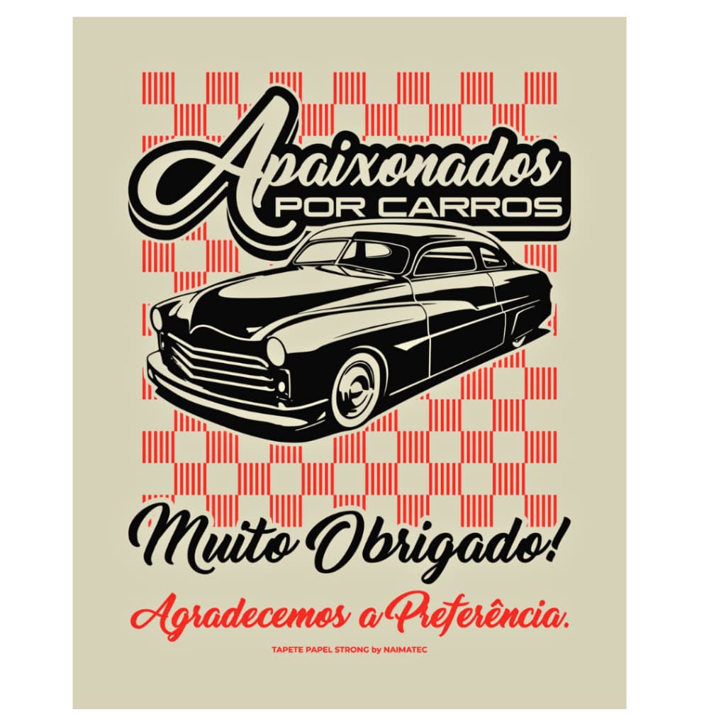 Tapete de papel automotivo para carro com carro retrô em preto e branco, fundo listrado vermelho e branco.