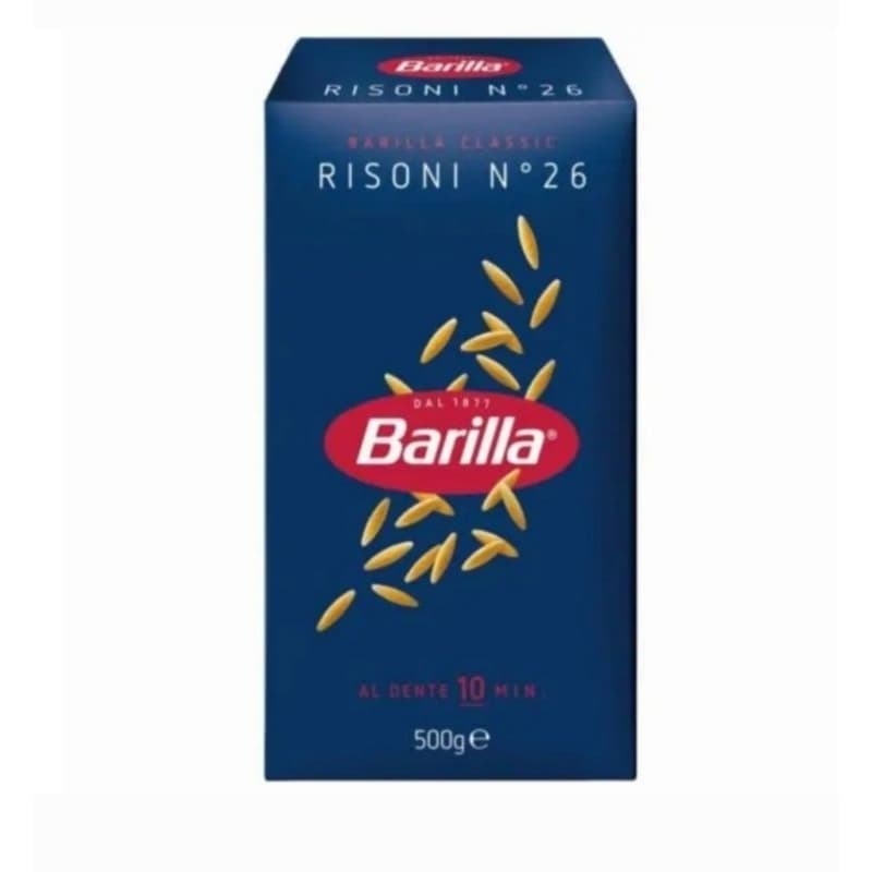 Caixa de macarrão Barilla Risoni N° 26, 500g, com grãos de arroz na ilustração