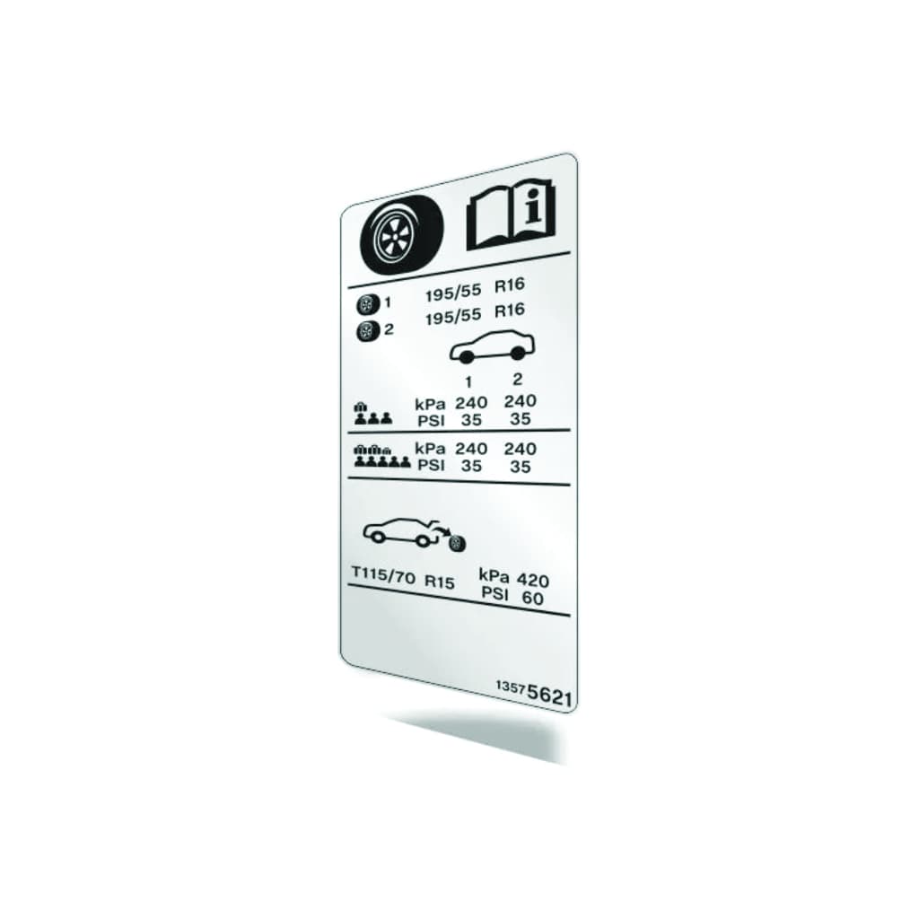 Adesivo de calibragem de pneu para Chevrolet Onix com especificações técnicas.
