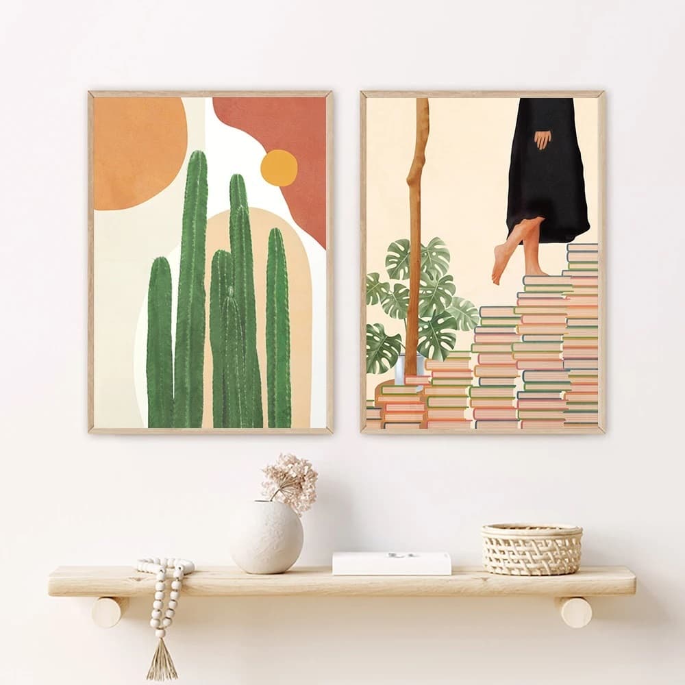 Quadros decorativos abstratos Boho, 40x60, dois painéis, fundo laranja e bege, cacto verde e figura humana em livros, molduras marrom.