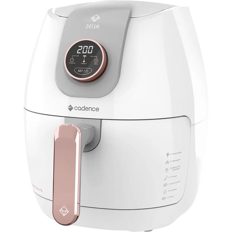 Fritadeira sem óleo Cadence Dream Rosé Gold Rosa 3L, com display digital e controle giratório, em fundo branco.