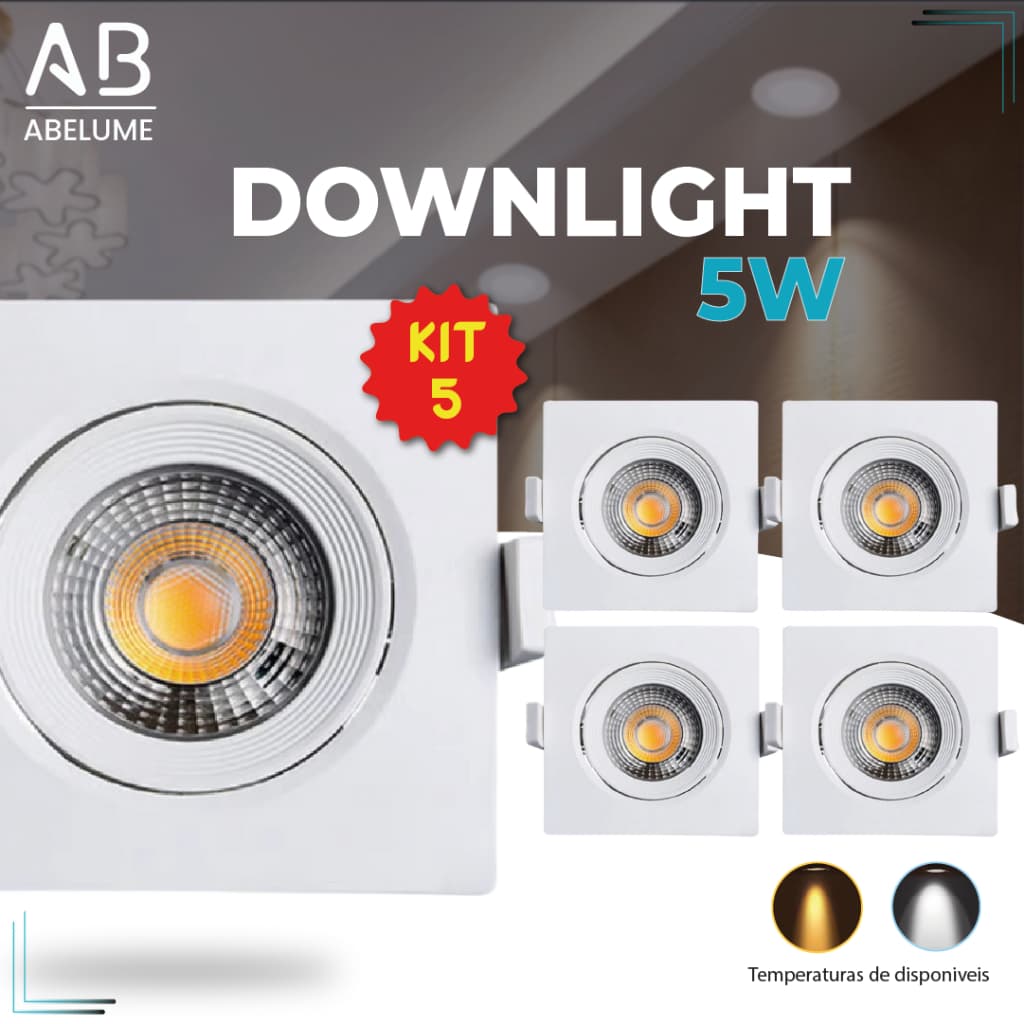 Kit 5 Luminárias Spot LED Quadrada 5W Branco Teto Gesso Luz Amarela/Branca