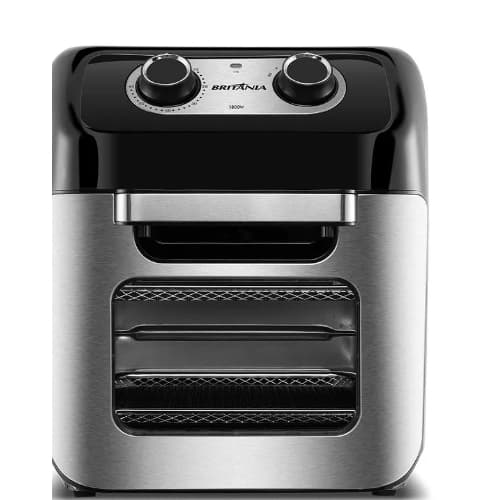 Fritadeira Air Fryer Oven Britânia PRETA BFR2300P 3 em 1 12L 1800W, preto e aço inoxidável, controles superiores, porta de vidro, grelha removível, fundo branco