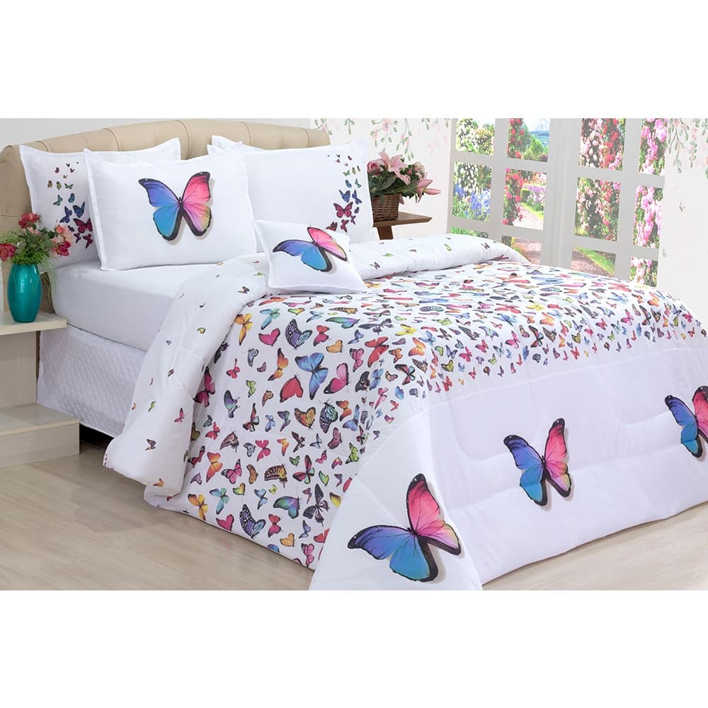 Jogo de cama queen size com estampa de borboletas coloridas, edredom e fronhas brancas