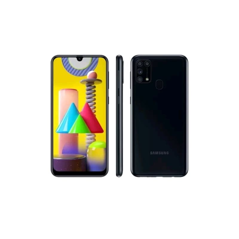 Smartphone Samsung Galaxy M31 128GB 6 GB RAM com câmera tripla e logotipo da Samsung