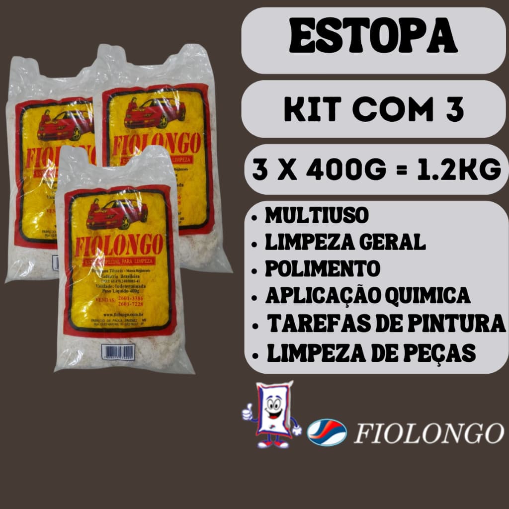 Estopa Para Limpeza Fio Longo - Kit Com 3 Pacotes de 400 gramas - Limpeza Geral - Limpeza Mecânica