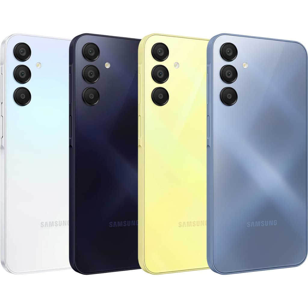 Samsung Galaxy A15 128GB/4GB em quatro cores: branco, preto, amarelo e azul.
