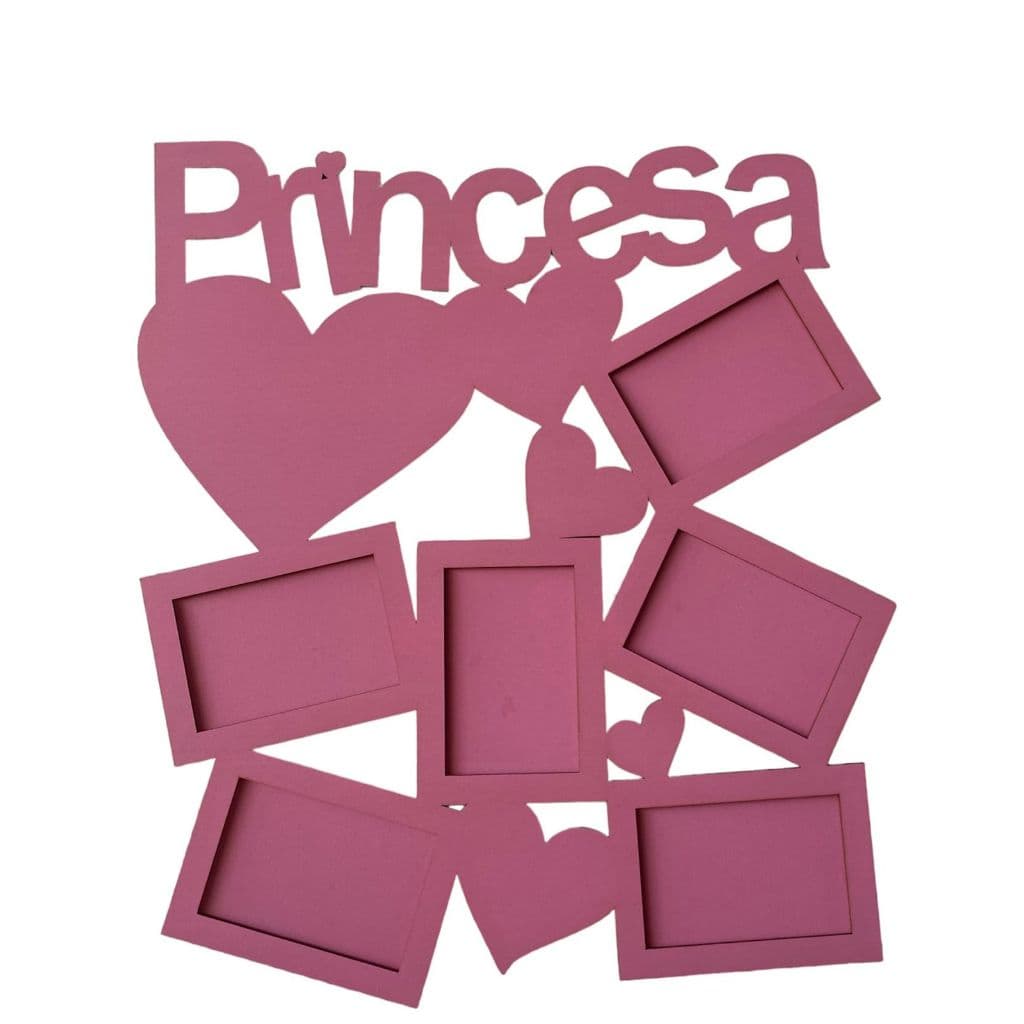 Painel Princesa de MDF para porta retratos em cor rosa com 6 fotos