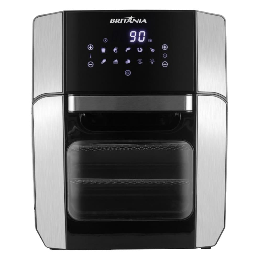 Fritadeira Air Fryer Britânia BFR2100 Oven 12L 1800W, design preto e prata, fundo branco, controle digital.