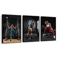 Kit 3 Quadros Decorativos Academia Feminina Fitness – Decoração para Academia, Quarto ou Espaço Fitness