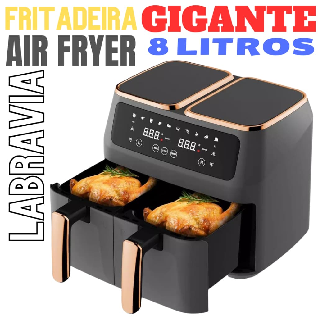 Fritadeira de ar gigante de 8 litros com duplo cesto, cor preta com detalhes em cobre, visor digital.