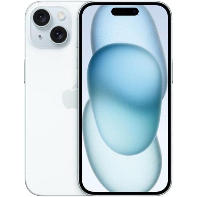iPhone 15 128GB branco com câmera traseira dupla e reflexos azuis