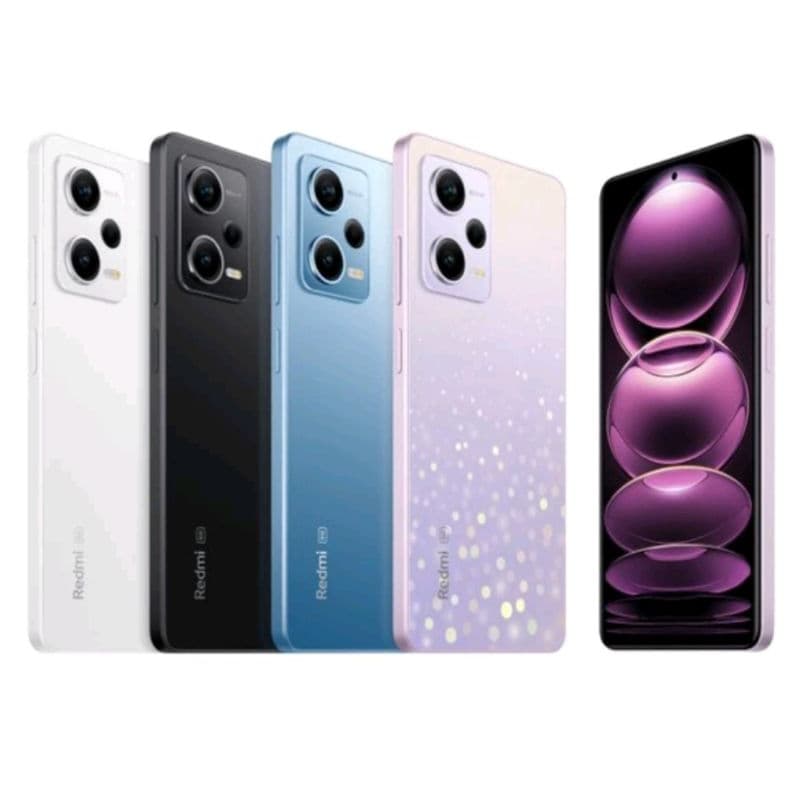 Xiaomi Redmi Note 12 Pro 5G NFC em cores branca, preta, azul e roxa com foco nas câmeras e tela