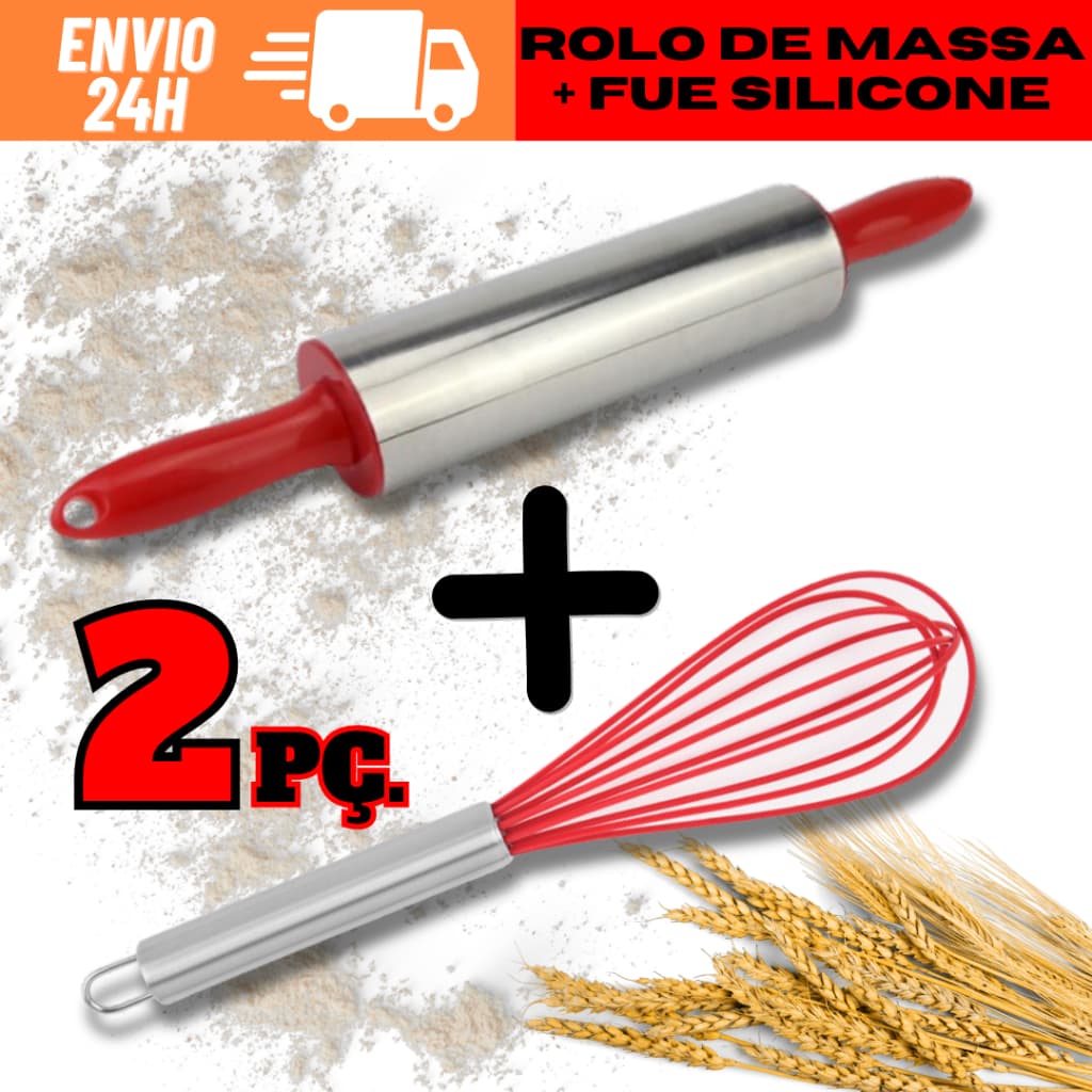 Kit utensílios cozinha: rolo massa giratório inox e batedor ovos silicone