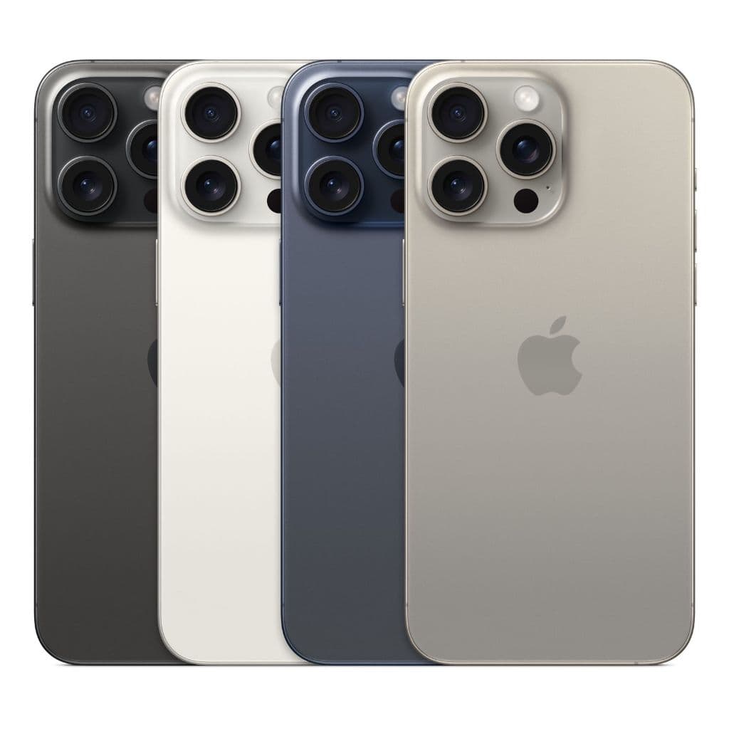 iPhone 15 Pro e 15 Pro Max em preto, branco, azul e cinza
