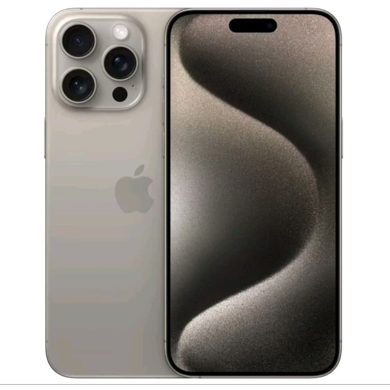 iPhone 15 Pro Max 256GB, lado traseiro e frontal, cinza metálico, câmera traseira com três lentes, entalhe frontal